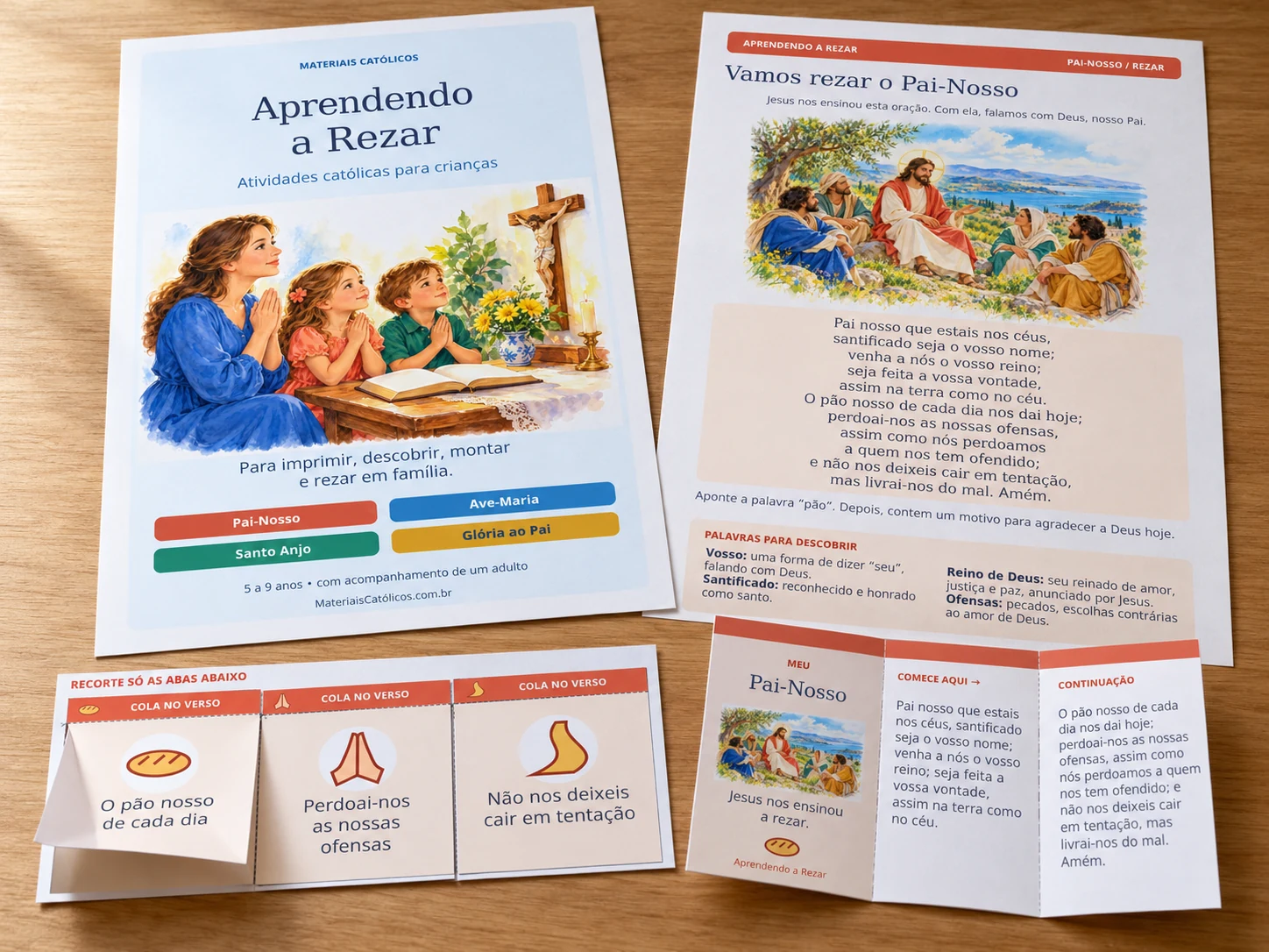 Conjunto representativo do Aprendendo a Rezar com as quatro orações e exemplos de atividades.